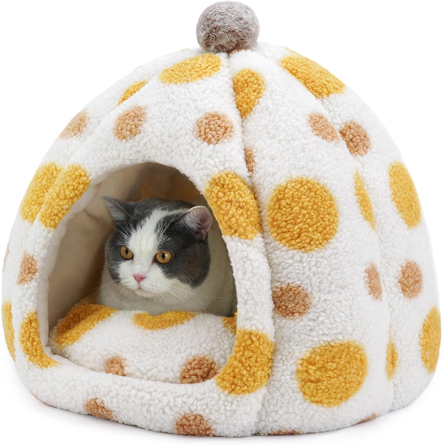 ドーム型ペットハウス ペットベッドクッション付き 保温 滑り止め 室内用 洗濯可能 黄色
