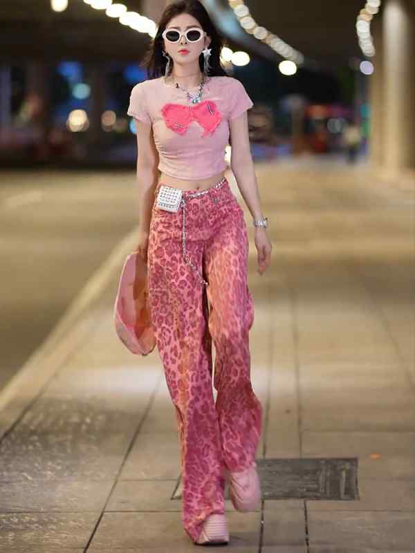 レディース ファッション オシャレ カワイイ シンプル 人カワイイ きいサイズ ピンク ヒョウ柄 カジュアル パンツ ハイウエスト 薄手 ロング パンツヒップ カバー ワイド レッグ