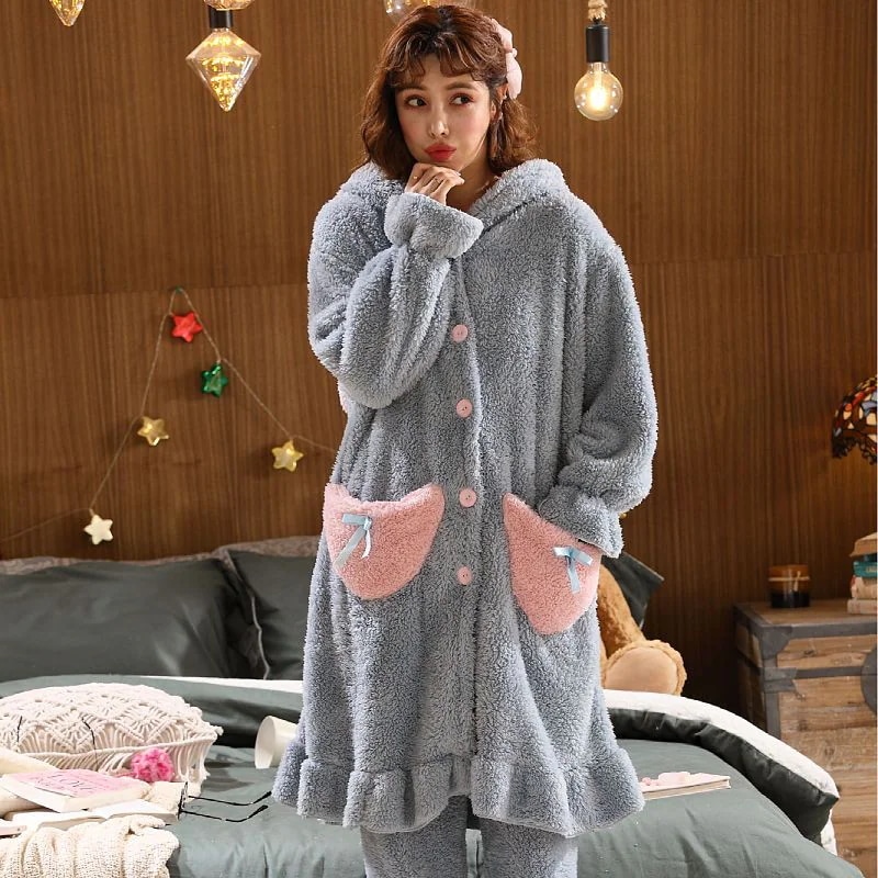 パジャマ ネグリジェ 上下セット レディース ルームウェア フード付き ナイトウェア 着ぐるみパジャマ 部屋着 裏起毛 セットアップ 厚手 コーラルフリース 寝間着 フランネル 4,514円