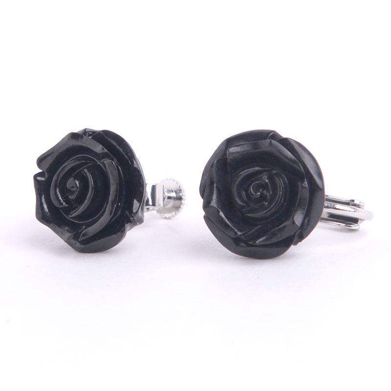 ジェット薔薇イヤリング 天然ジェット ローズ彫 バラ 手彫り