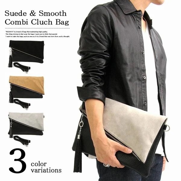 クラッチバッグ メンズバッグ メンズファッション タッセル付 スエード スムース コンビ 素材で遊ぶ