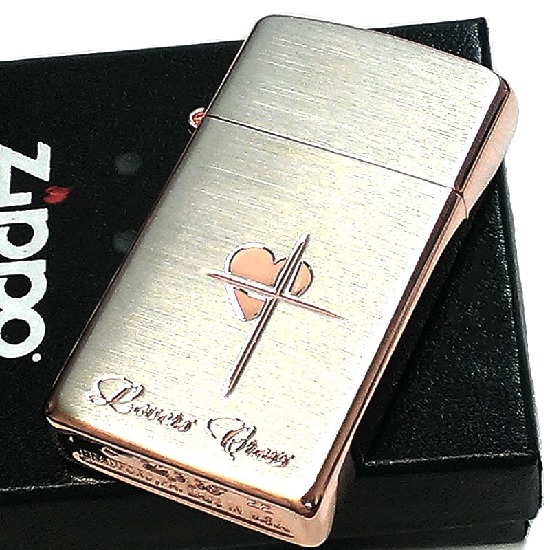 ZIPPO スリム ジッポ ライター ハート クロス ラバーズ 彫刻 ピンクゴールド シルバーサテン 可愛い 女性 メンズ レディース かわいい シンプル クリスマス ギフト プレゼント