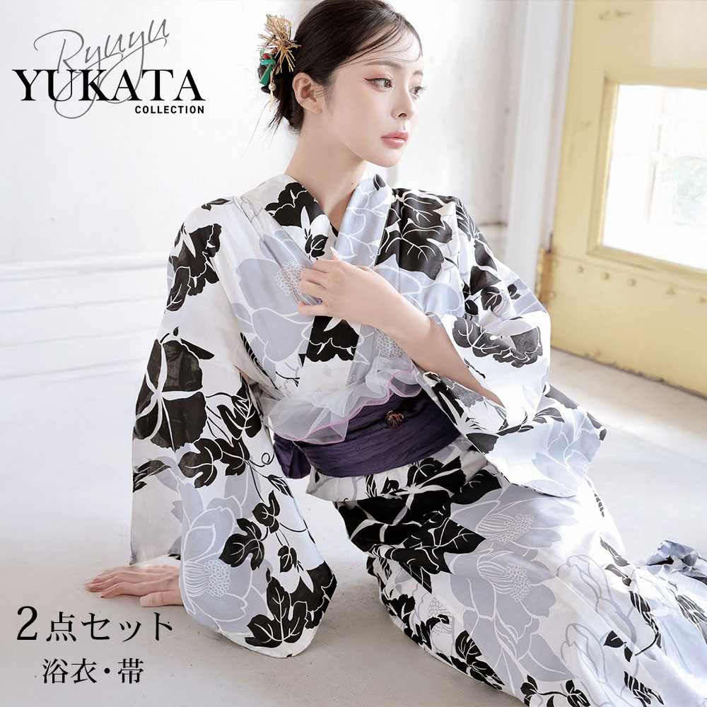 浴衣 黒 モノトーン 牡丹 色っぽい セクシー 大人 花柄 高級 きれいめ 2点セット浴衣 Ryuyu