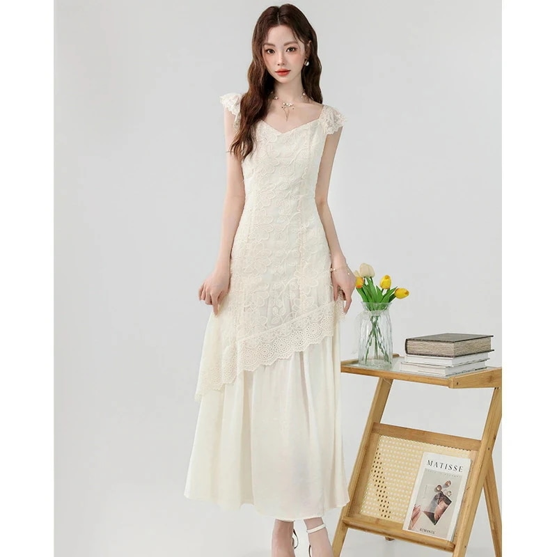 レース刺繡 フレンチスタイル エレガント アシンメトリーワンピースドレス 演奏会 パーティー 結婚式 フォーマル ロングドレス 春 夏 秋 女性 Vネック 上品 大人可愛い 新款