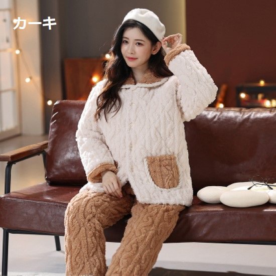 ルームウェア レディース パジャマ フランネル 厚手 暖かい ポケット シンプル リラックス おうち服 襟あり フロントボタン 前開き ホームウェア 部屋着 ナイトウェア 5,986円