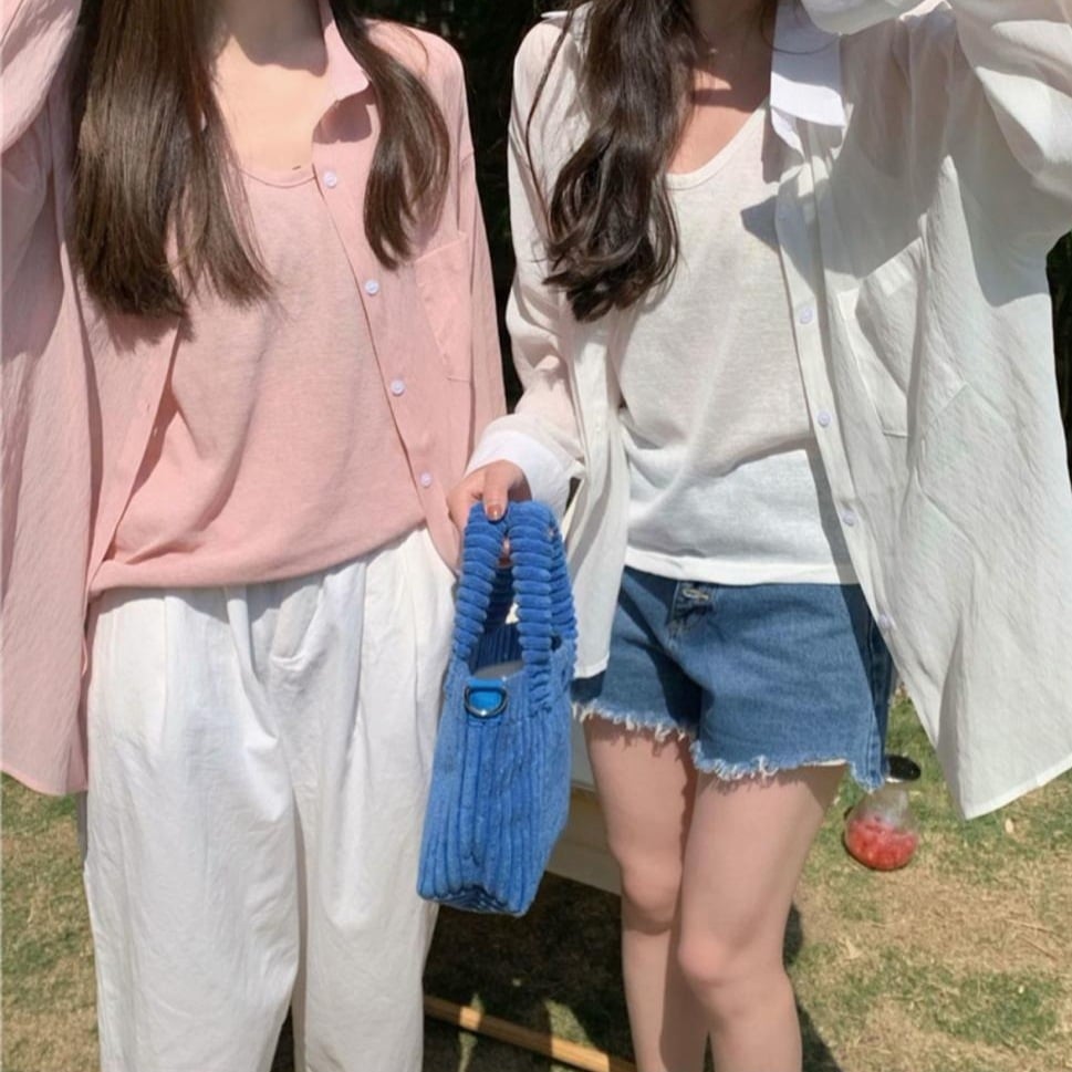 シャツ ミディアム丈 長袖 透け感 襟付き 韓国 レディース 胸ポケット 前開き ボタン 薄手 可愛い かわいい 大人可愛い シンプル カジュアル 大人 おしゃれ レトロ オトナ女子