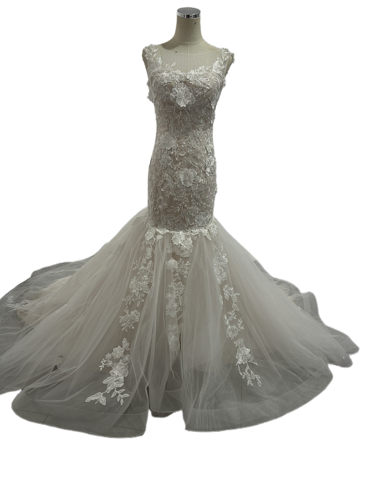 ウェディングドレス マーメイドライン ノースリーブ　3D立体レース刺繍 チュールスカート 披露宴/結婚式