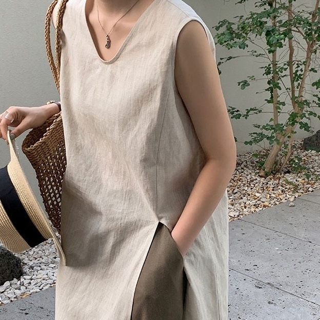 ノースリーブワンピース リネンワンピース スリットワンピース カジュアル Vネック フリーサイズ 韓国 レディース オルチャン ルーズ シャツワンピ ロングシャツ リネン 大人カジュアル