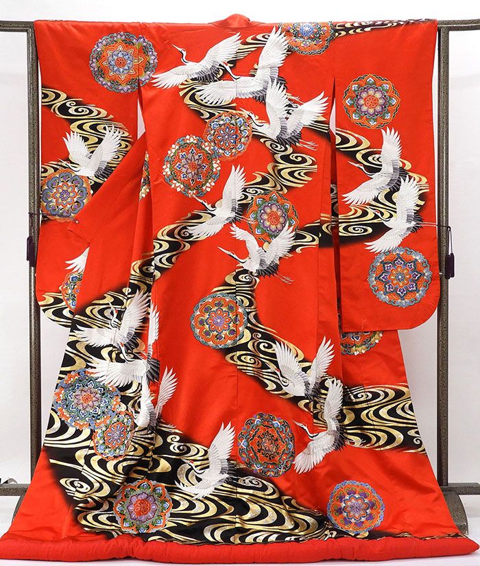 色打掛 正絹 梅花鶴模様 打掛 花嫁衣裳 婚礼 リサイクル 中古 ブライダル ウエディング 着物 e3161