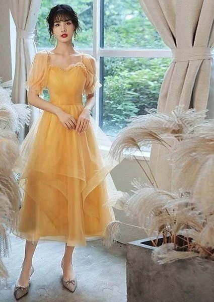 [本日の新品]ドレス 大人 ピアノ 発表会 ミモレ丈 イエロー ファスナータイプ オフショルダー ドレス 演奏会 結婚式 ワンピース 成人式