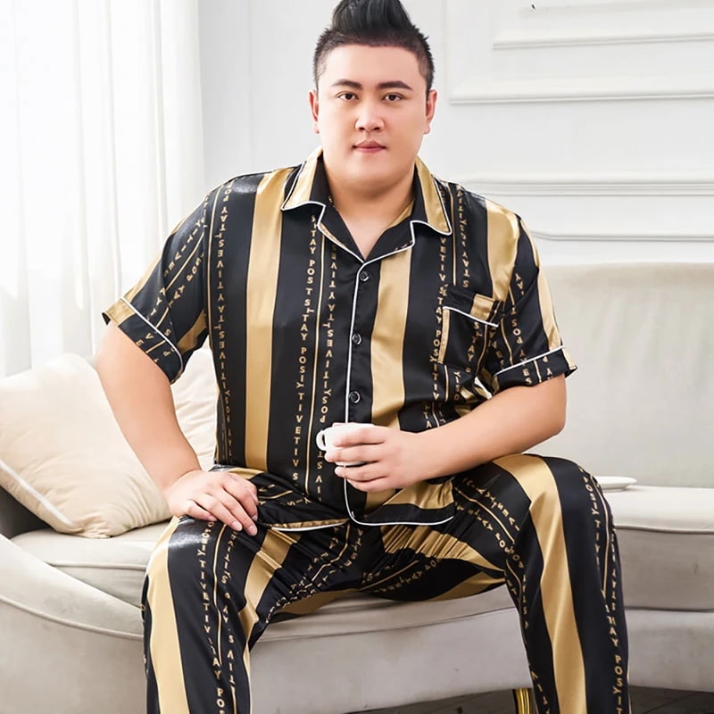 メンズアイスシルクサテンパジャマクールなパジャマカジュアルルーズラグジュアリープリントパジャマビッグサイズ春夏165kg3xl4xl5xl