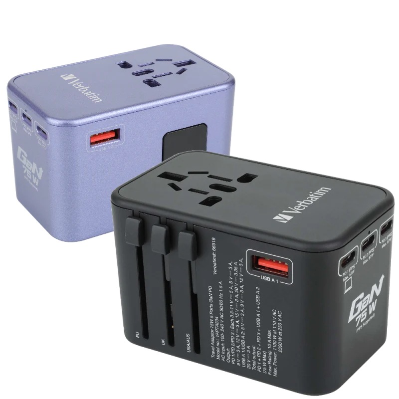 Verbatim 5 ポート 75W PD 3.0 & QC 3.0 GaN ユニバーサル トラベル アダプター （関税はお客様のご負担となります）