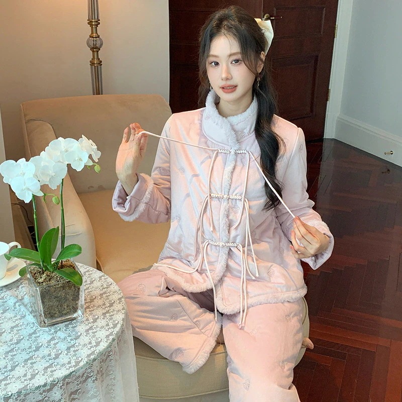 ルームウェア セットアップ 冬 パジャマ女性秋冬スタンドカラーセット厚手部屋着冬は外着可 可愛い パジャマ レディース 秋冬 韓国 部屋着福袋