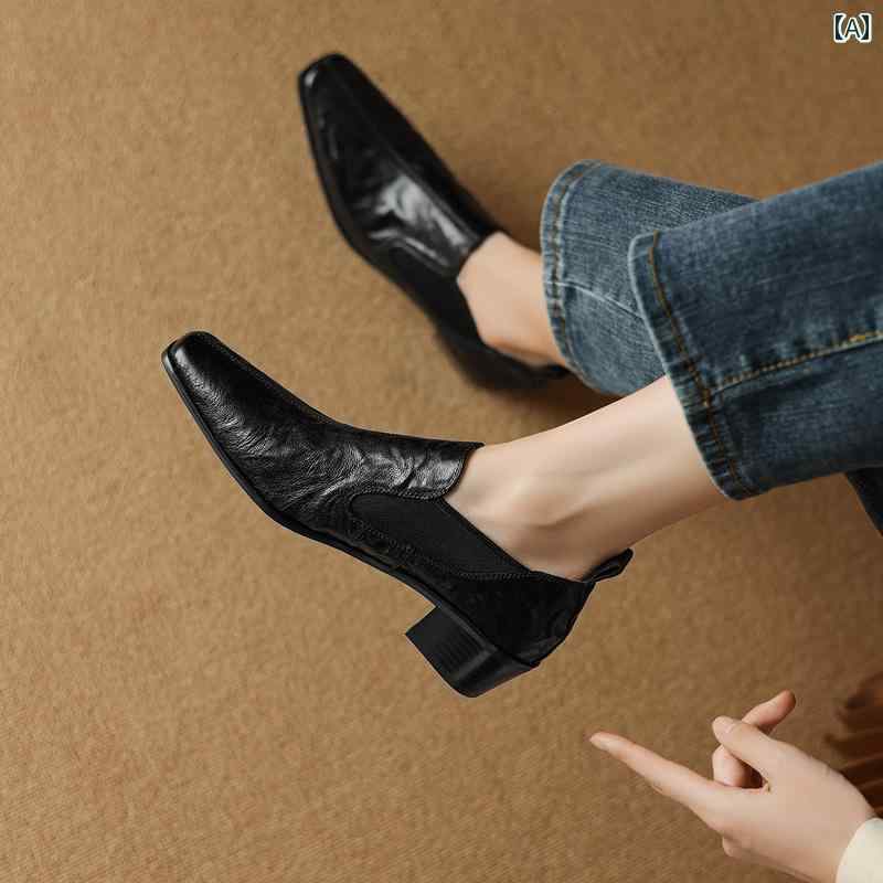 ローファー レディース オフィス 通勤 仕事 フランス 英国 スクエアトゥ 小さい 革靴 女性 革 ミッド ヒール レトロ 深口 シングル シューズ シープスキン ソフトレザー