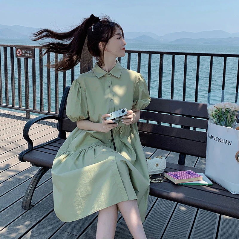 実際の2024小さな新鮮な文学ファンドレス女性夏フランス中長さライン甘いバブルスリーブシャツドレス