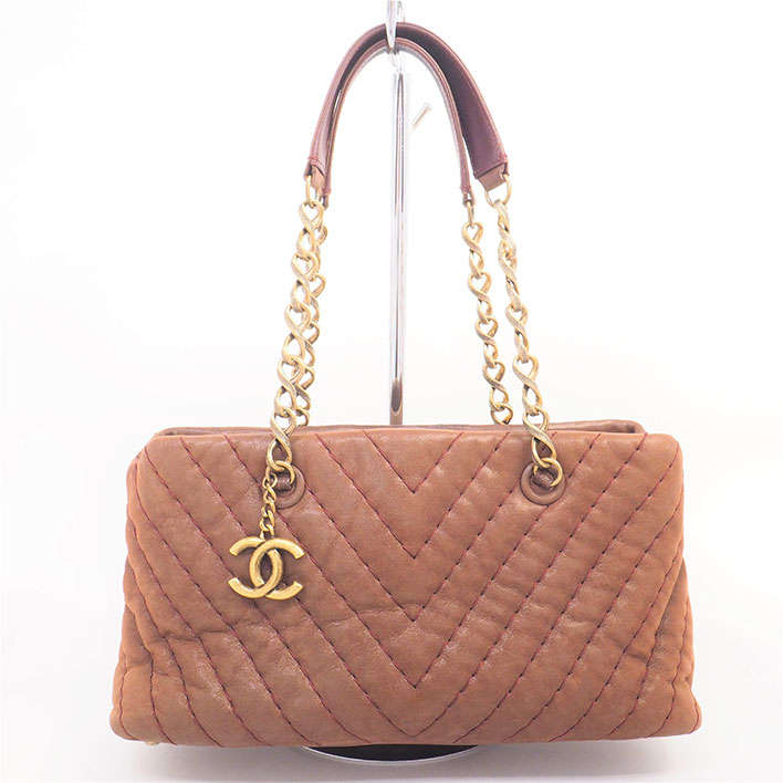 【美品】シャネル Vステッチ チェーンショルダー CC アンティーク調ゴールド金具 ココマーク レディース【トートバッグ】