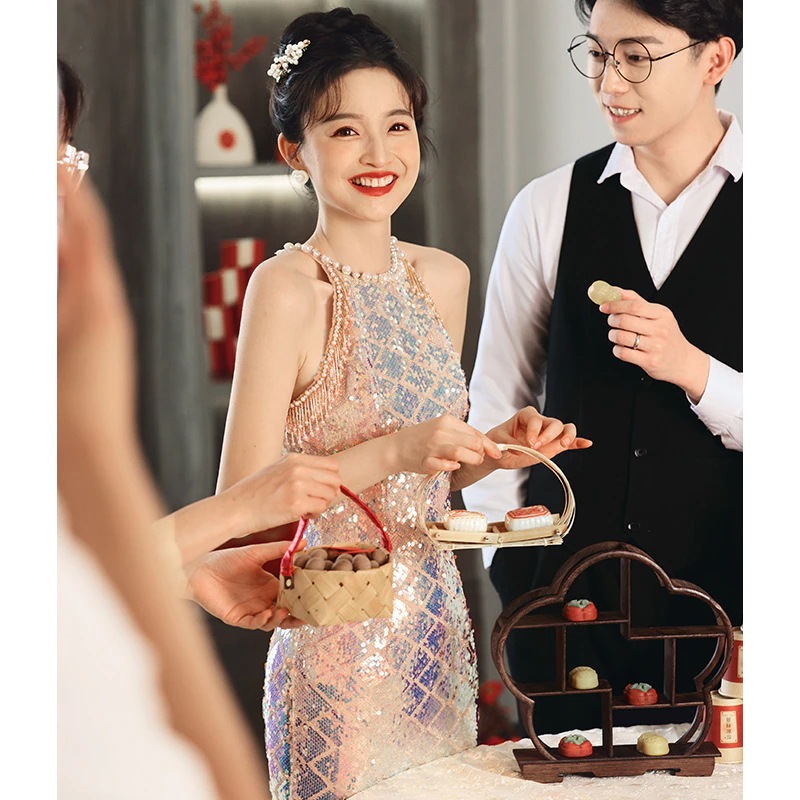 軽奢侈 個性的 スタイリッシュ 婚約 イブニングドレス レディース シック マーメイド お色直し 新婦 ワンピース ラメ フレンチ 春