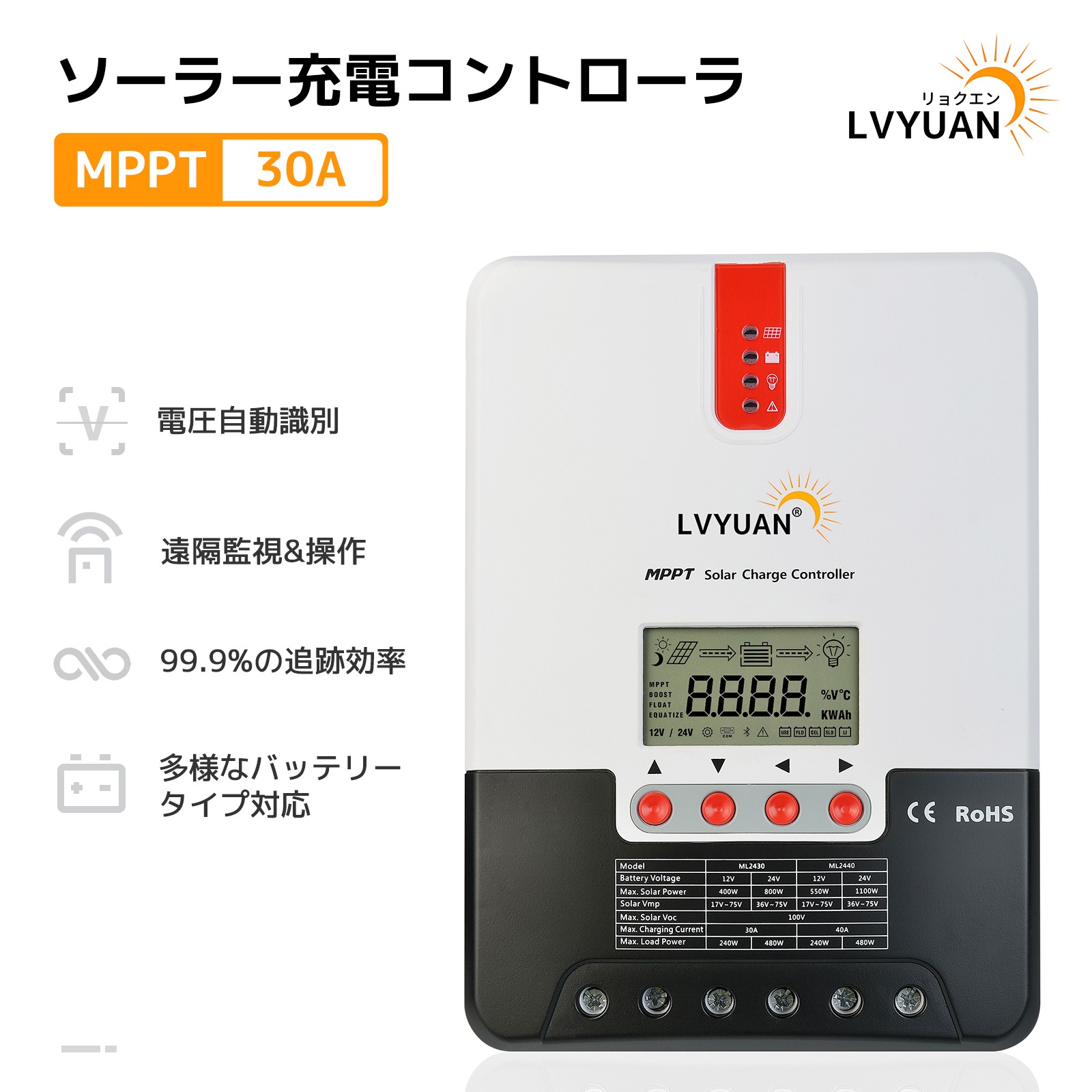 MPPT 30Aソーラー充電コントローラー 最大入力800w 最大電力点追従型(MPPT) 12V 24V 自動 最大PV 100V入力 ソーラー充放電 太陽光発電用 温度センサー付き