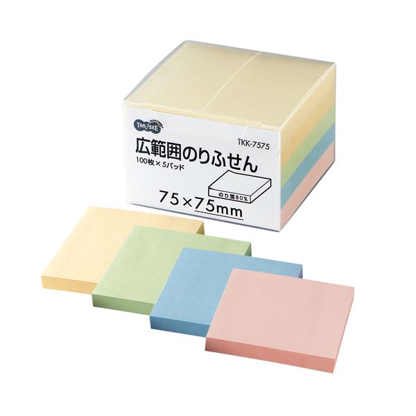 (まとめ) TANOSEE 広範囲のりふせん 75×75mm 4色 1パック（5冊） (×10セット)