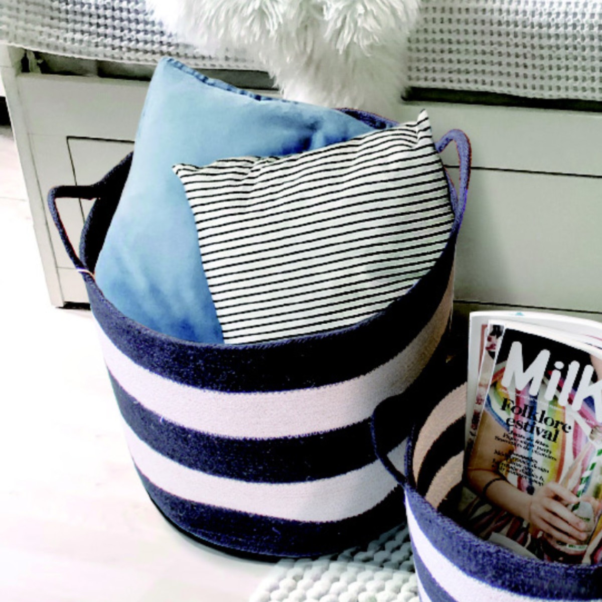 バスケット コディ ジュート ボーダーバスケット L 持ち手 収納バスケット 直径36cm 高さ34cm かごバスケット カゴ かご 収納 麻 手編み 天然素材 日本製 収納かご 小物収納