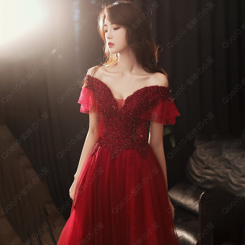 ロングドレス カラードレス ワンピース ウェディングドレス二次会 パーティードレス演奏会発表会コンサート舞台卒業式謝恩会同窓会披露宴ピアノ ワインレッド-152