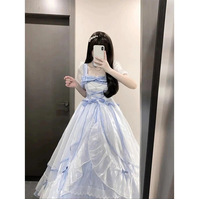 ブルーアダルトドレスビッグフラワーウェディングロリータスカートopロリータゴージャスプリンセススカートハイエンドセンス女性ワンピースドレスドレス