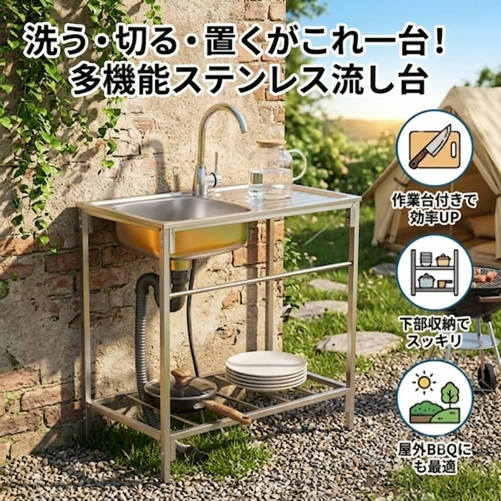 ステンレス流し台 ステンレスシンク 屋外用 シンク 作業台付き 幅75cm 奥行40cm 高さ75cm ガーデンシンク 立水栓 物置き棚付き 排水ホース付き ベランダ 庭 BBQ キャンプ 洗い場