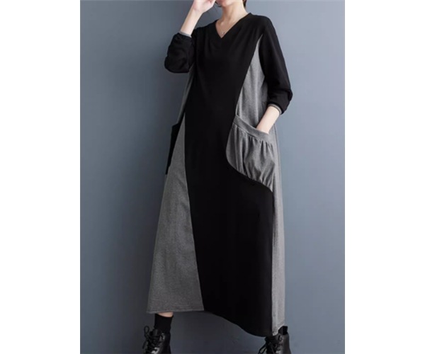 レディース ワンピース プルオーバー ミモレ ロング アシンメトリー 左右非対称 長袖 Vネック Aライン ポケット 切り替えデザイン バイカラー 大人可愛い シンプル カジュアル おしゃれ