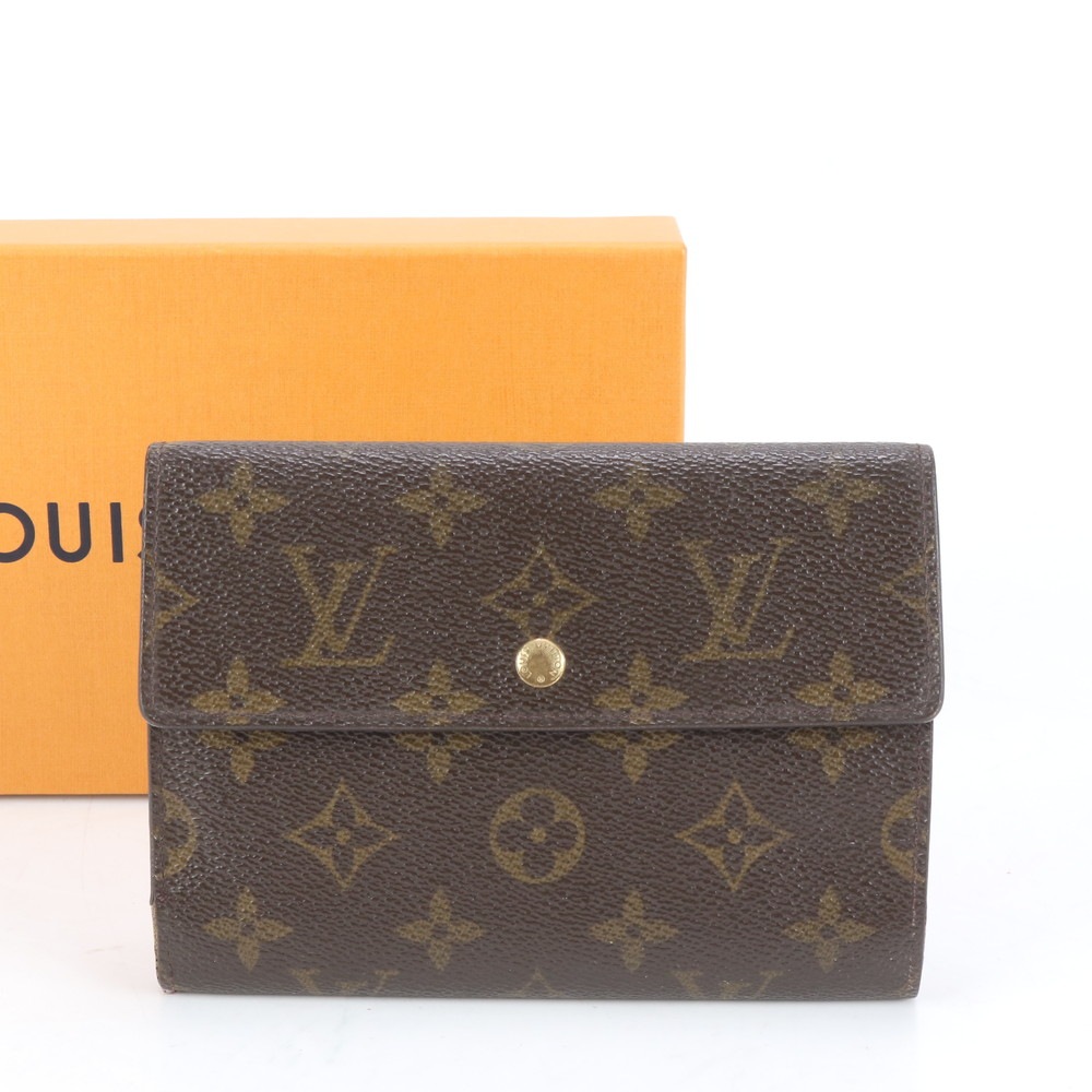 美品 モノグラム ポルト トレゾール エテュイパピエ M61202 レザー×コーティングキャンバス 二つ折り 財布 長財布 二つ折り ウォレット ラウンドファスナー メンズ EEE CQ6-9 中古