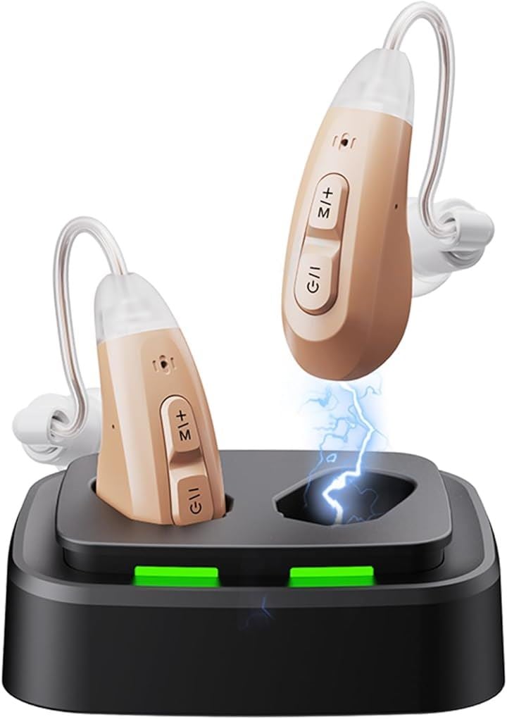 集音器 高齢者 耳掛け型 しゅうおんき 片耳・両耳 充電台 高感度 音量調整 モード応対 ボタン簡単操作 快適 楽ち 敬老の日 母の日 父の日 プレゼント(ベージュ)