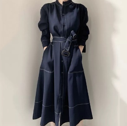 デート モテコーデ ワンピース シャツワンピース 膝丈 ひざ丈 袖あり 長袖 ハイネック Aライン ステッチ ベルト ウエストマーク ウエストリボン 前開き ボタン かわいい 可愛い きれいめ