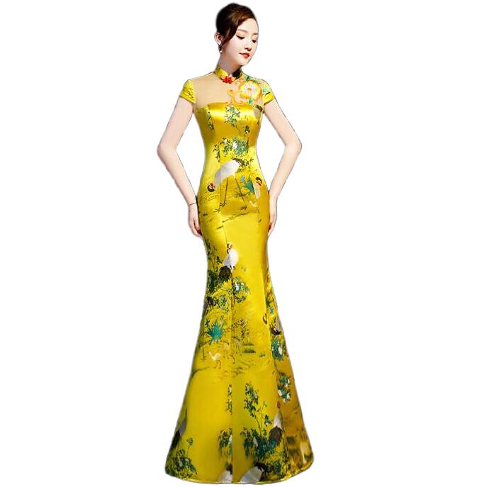 最終在庫レディースドレス エレガント パーティードレス ロングドレス 上品 きれいめ イエロー 舞台演出 音楽会 演奏会 合唱 合奏団 フィッシュテール 着痩せ ハイネック ノースリーブ ファスナー