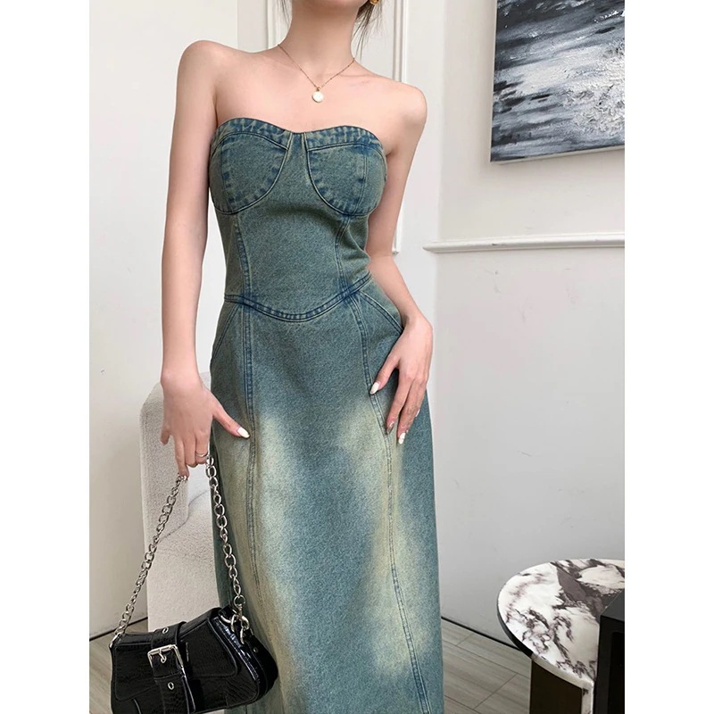 ショールショートジャケットスリムなストラップレスドレスが特徴のピュアでセクシーな女性用ブルーデニムツーピースセット