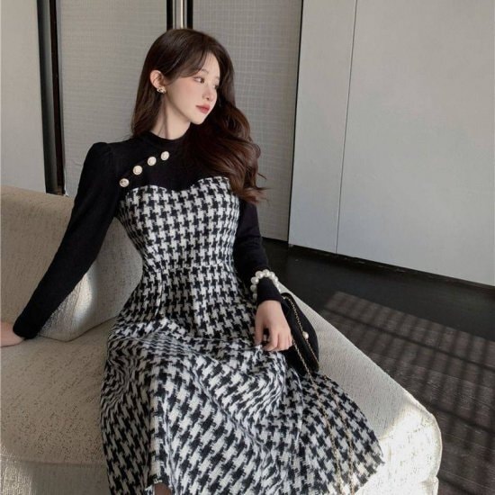 ドレス お呼ばれ ガーリー 千鳥格子柄 フレア ワンピース モノトーン バイカラー Aライン大きいサイズ 大人可愛い ママコーデ ママファッション 韓国系 オルチャン 人気