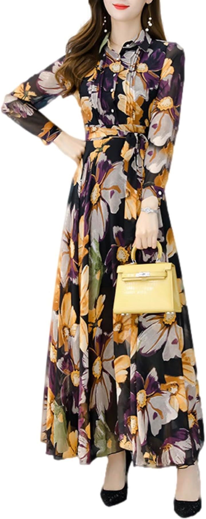 ワンピース レディース 春 秋 ロング きれいめ Aライン 花柄 裏地あり BN227 BLK( ブラック, XL)