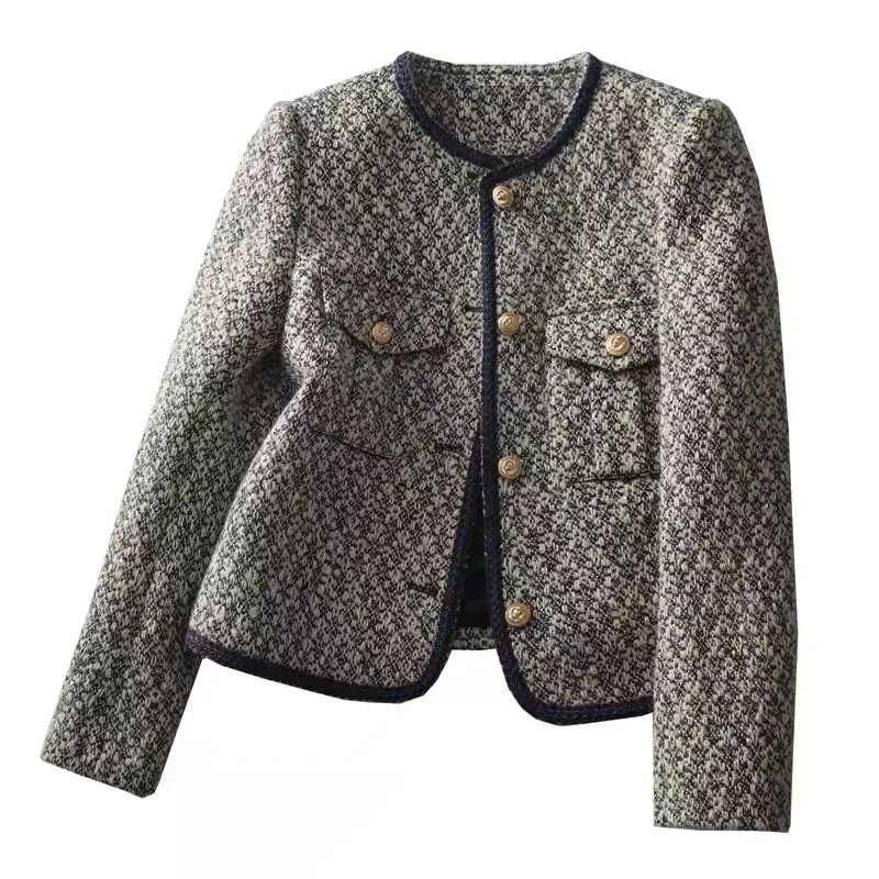 ツイードジャケット レディース 40代 長袖ノーカラージャケット チェック柄 ショット丈ツイードコー