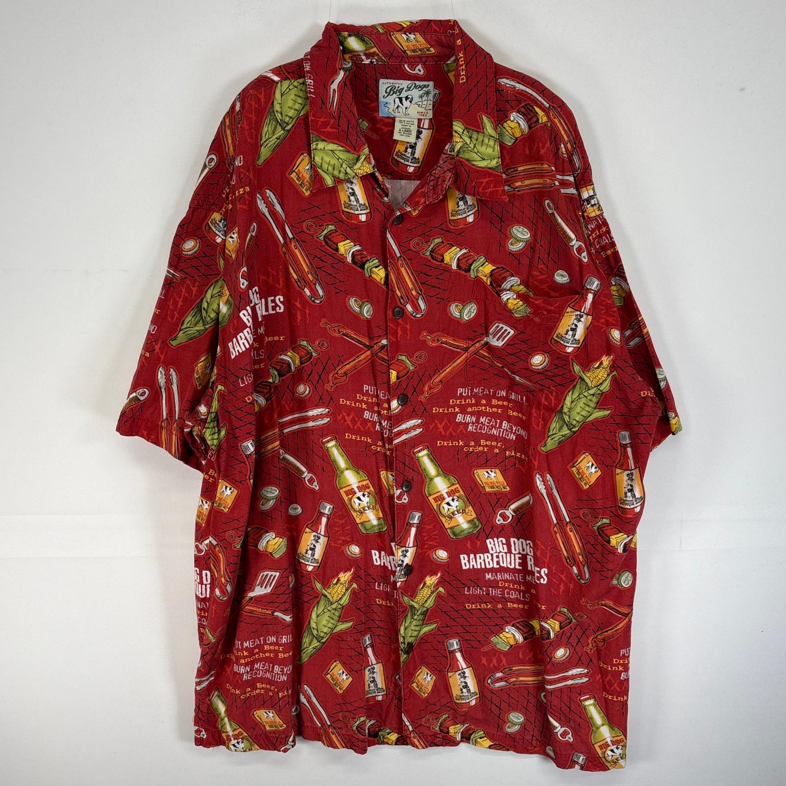 古着 ビッグドッグス BIG DOGS 半袖シャツ アロハ レーヨン バーベキュー 大きいサイズ XL レッド系 総柄 メンズ