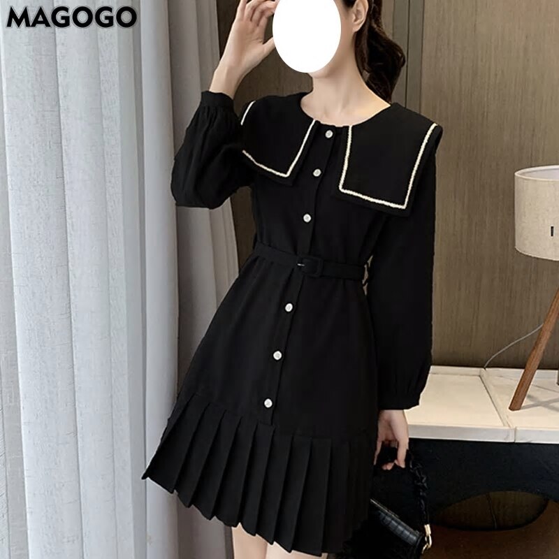 カレッジスタイルドレスレディースウエストスリミングネイビーカラープリーツミニドレス