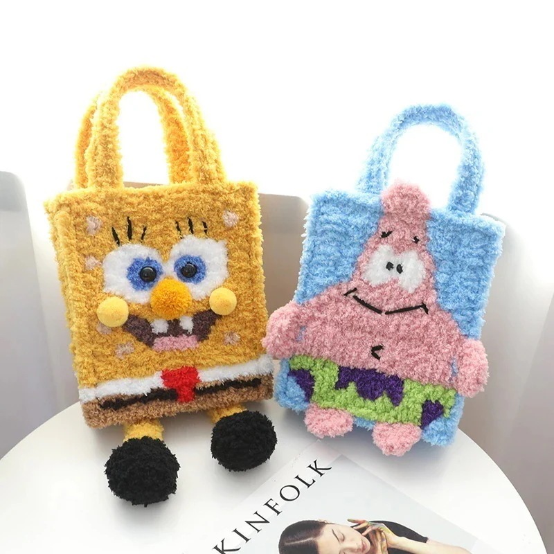 手織りバッグ スポンジボブ スクエアパンツ 編みバッグ メッシュ手縫いバッグ diy素材バッグ(半製品ですのでご注意ください)