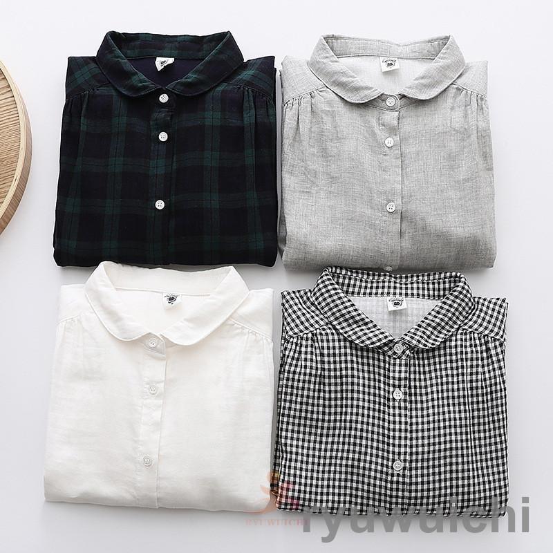 チェック柄 Tシャツ 春夏 長袖 レディース ガーゼ ブラウス レディース ホワイト ストライプ柄 コットン 綿 通気性 シンプル 折り襟 大きいサイズ 一部