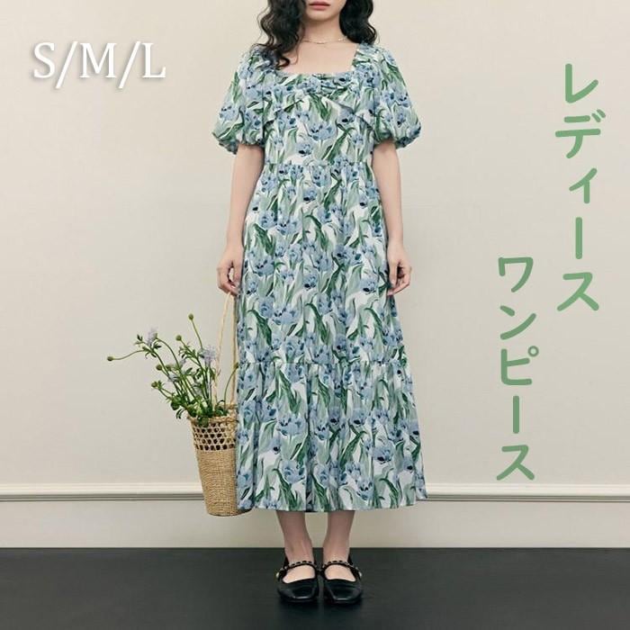 (WJ Fashion)ワンピース 夏服 レディース 半袖 リボン ロング丈 Aライン 花柄 油絵画 大きいサイズ 夏ワンピ リゾート サマー ゆったり ビーチ グリーン S M L