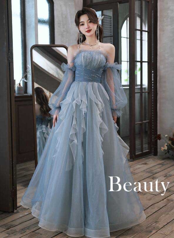 速達!スウィート 姫系 エレガント 可愛い レディースドレス ロングドレス Aライン お洒落 ブルー 結婚式 ブライズメイド パーティー 誕生日 プレゼント 音楽会 演奏会 合唱団 オフショルダー チ