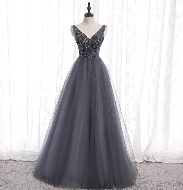 カラードレス グレー Vネック ノースリーブ キラキラのハンドビーディング ワンピース ロング 演奏会/音楽会