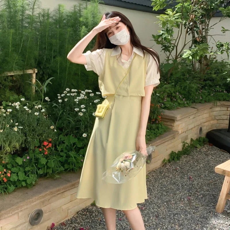 ワンピース レディース 半袖 重ね着風 シャツ ベスト 膝丈 膝下 切り替えデザイン ハイウエスト 大人可愛い シンプル カジュアル 上品 ガーリー お出かけ デート 黄色 緑 くすみ フリーサイズ