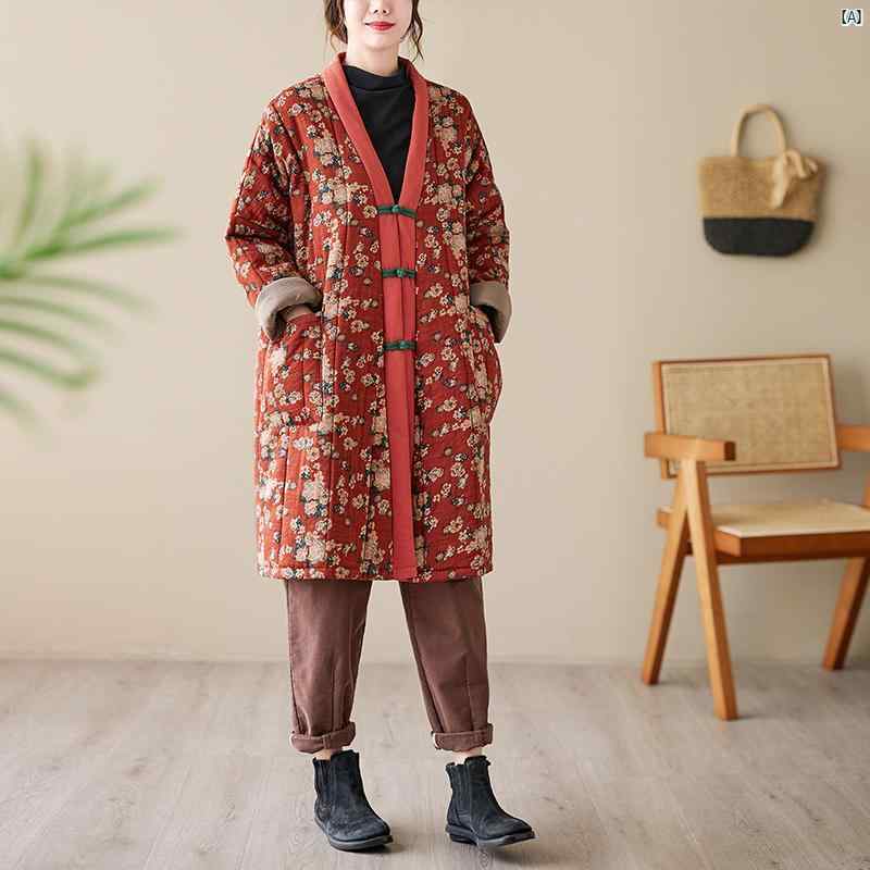 レディース　ファッション　　シンプル　オシャレ レトロ コットン リネン プリント ク ボタン 服 ミドル丈 ローブ パッド入り 厚手 コットンジャケット ママ