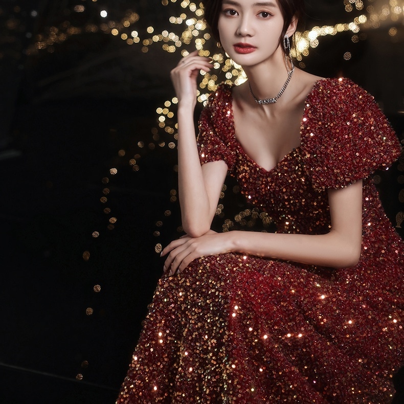 ドレス 衣装 イブニングドレス ロングドレス 半袖 ボリューム袖 胸元 スパンコール フィッシュテール キラキラ セミフレア ステージドレス 発表会 かわいい 大人可愛い きれいめ シンプル 上品