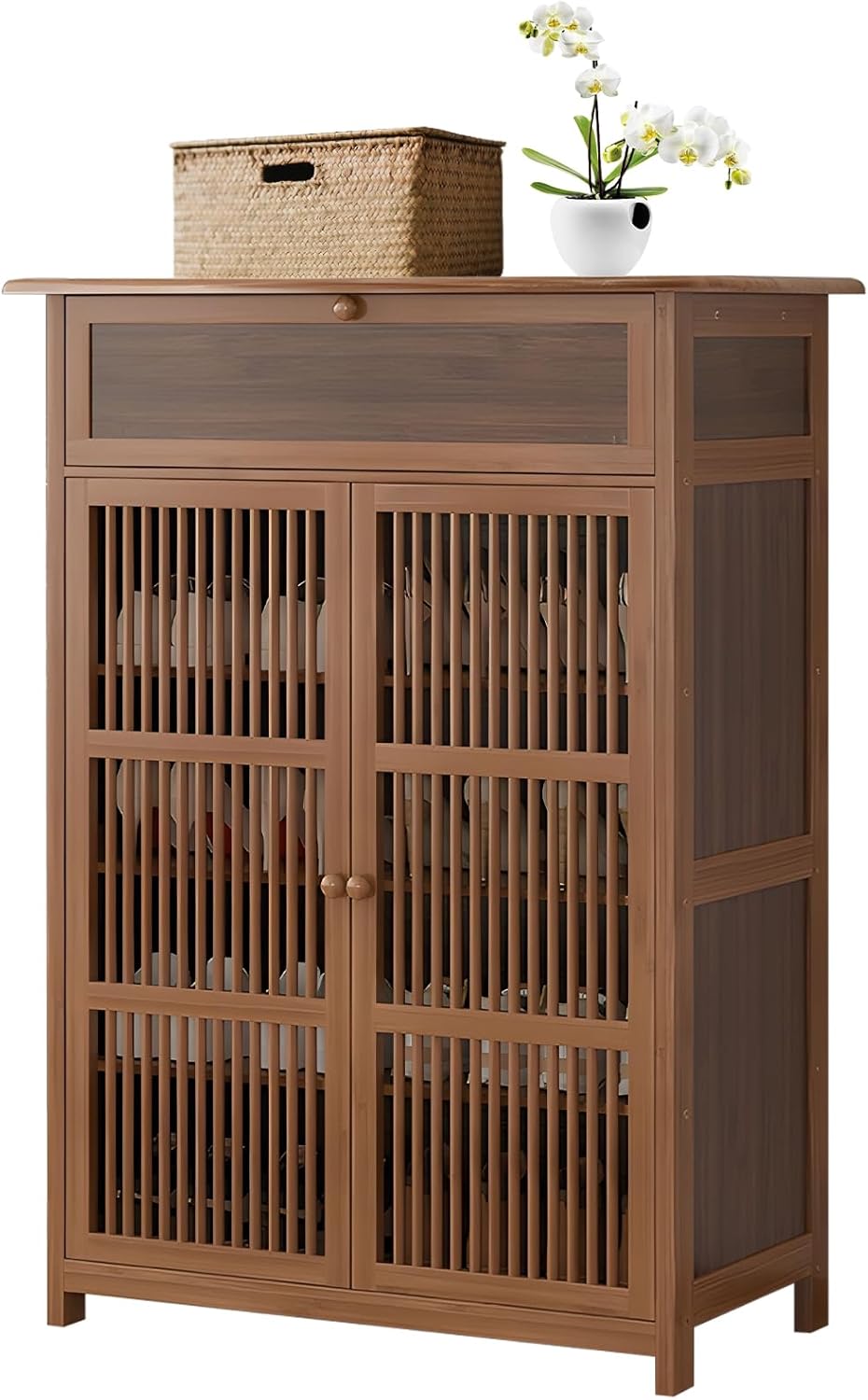 天然竹製 扉付き 4段 スリムシューズラック ルーバー式 防塵 消臭 65×35×99cm ブラウン