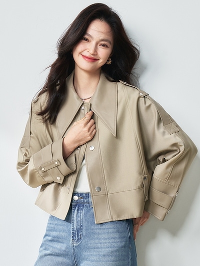 春の作洋とショート丈ウインドブレーカーデニムレザージャルダン风の襟を开きショート丈ジャケット 11,050円