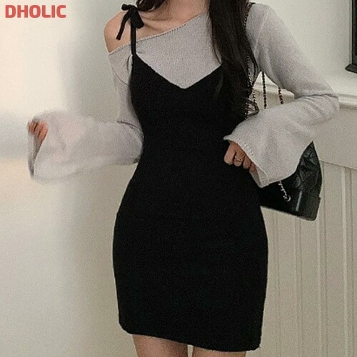 リボン配色ワンショルニットワンピース