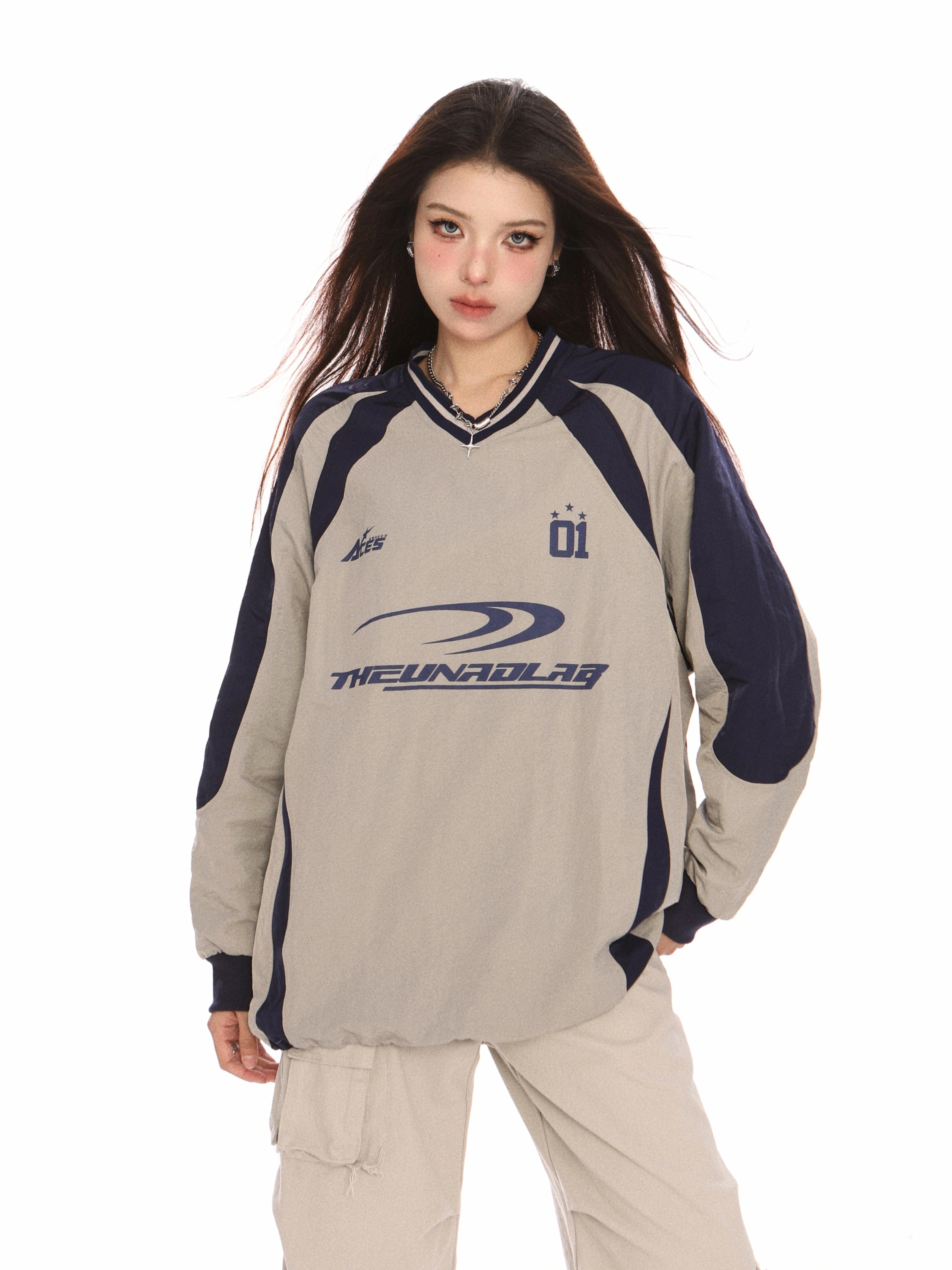 トレンドトップスバイカラー甘辛MIX長袖かわいいTシャツレディース韓国風ロゴ衣ルーズゆったりカジュアルおしゃれサイズスリーブシルエットファッションサイドシャツフットスウエット